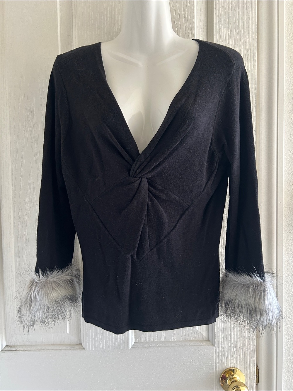 Karen Kane Black V-Neck Sweater with Faux Fur Cuffs